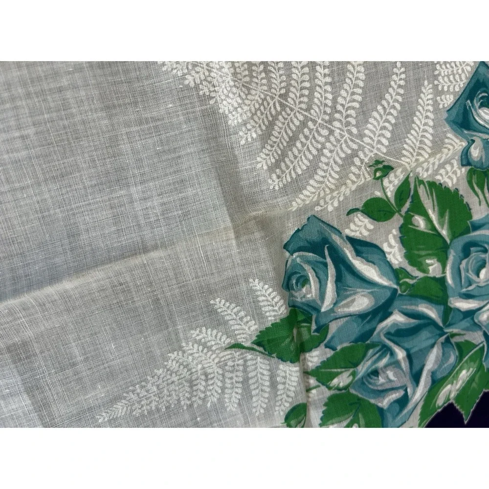 Vintage Blue Floral Roses White Daisies Purple Trim Hankie Handkerchief Linen